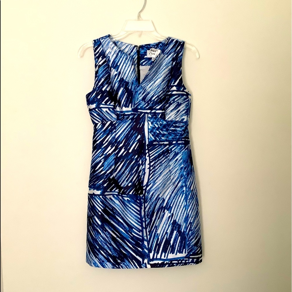MILLY Satin Twill COCO Sheath Dress in Blue & White Scribble Print Size 2
